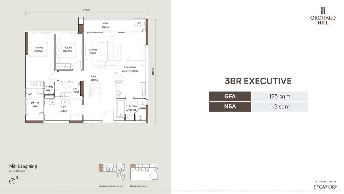 Mặt bằng căn hộ Executive 3PN Orchard Hill thuộc tổng dự án Sycamore Bình Dương