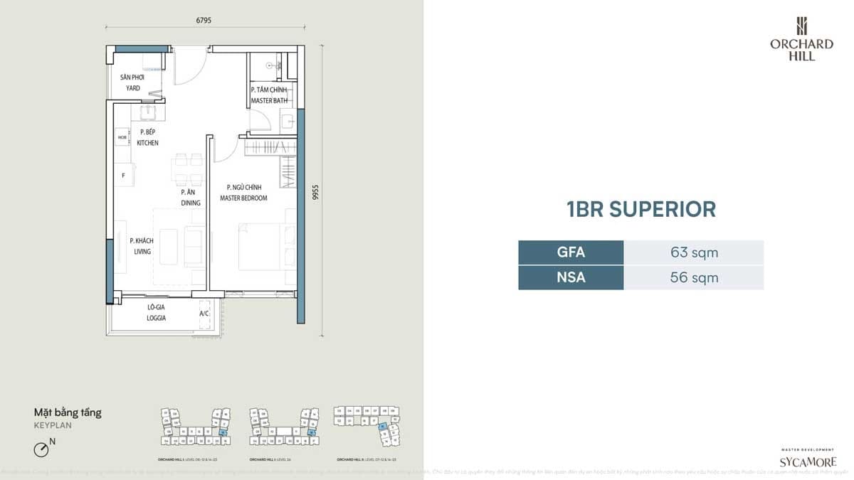Mặt bằng căn hộ Superior 1PN Orchard Hill thuộc tổng dự án Sycamore Bình Dương